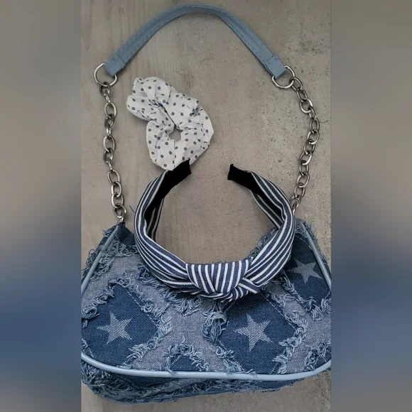 Denim Star Pattern Bag Bundle with Scrunchie And Headband NWOT - Picture 2 of 7